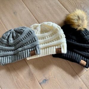 CC Boutique Women’s Knit Beanie Trio - Gray, Cream, and Black